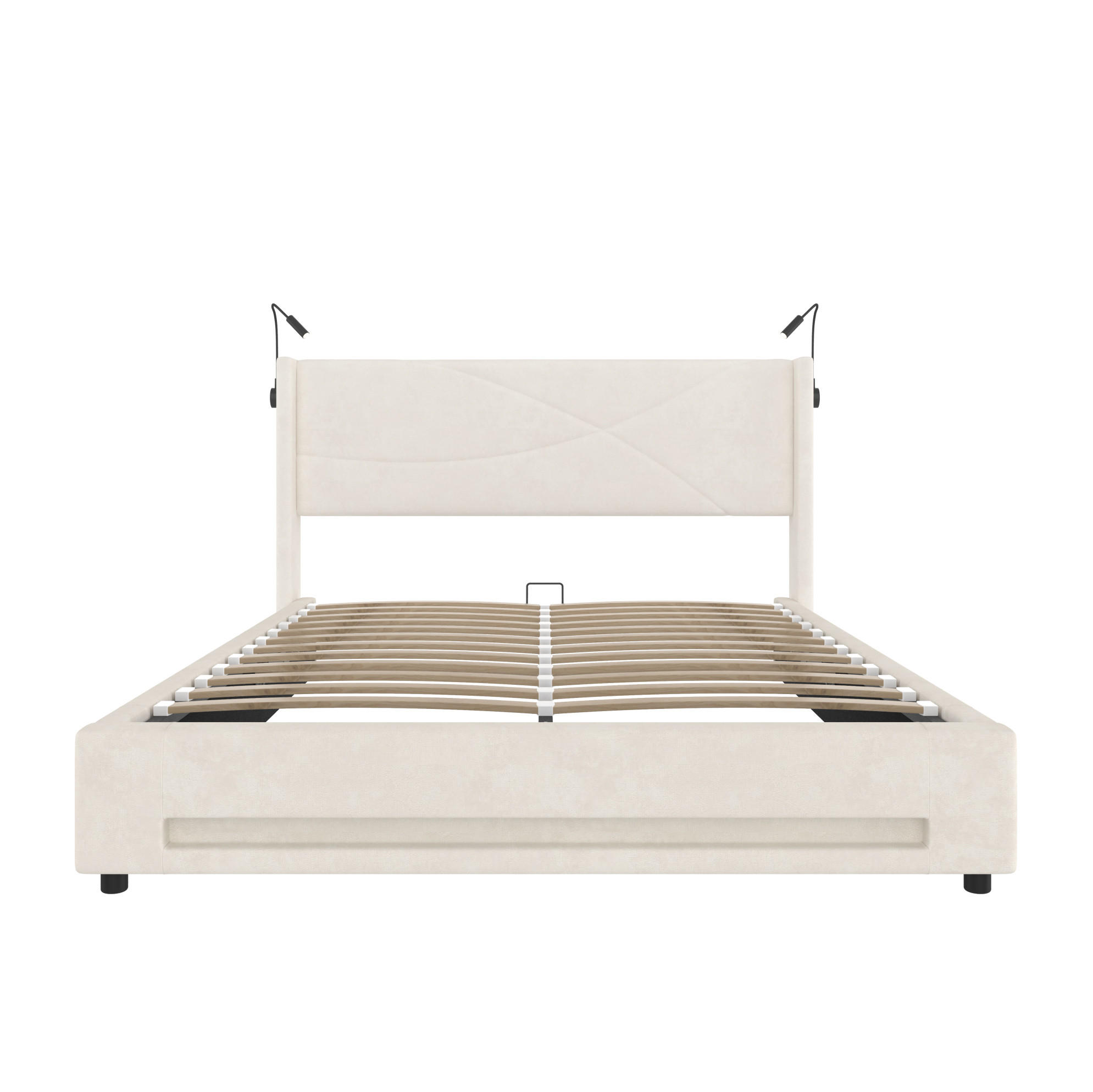 BETTGESTELL 140/200 cm Beige mit LED-Lichtleisten und hydraulischem Stauraum - Beige, Textil (140/200cm) - OKWISH