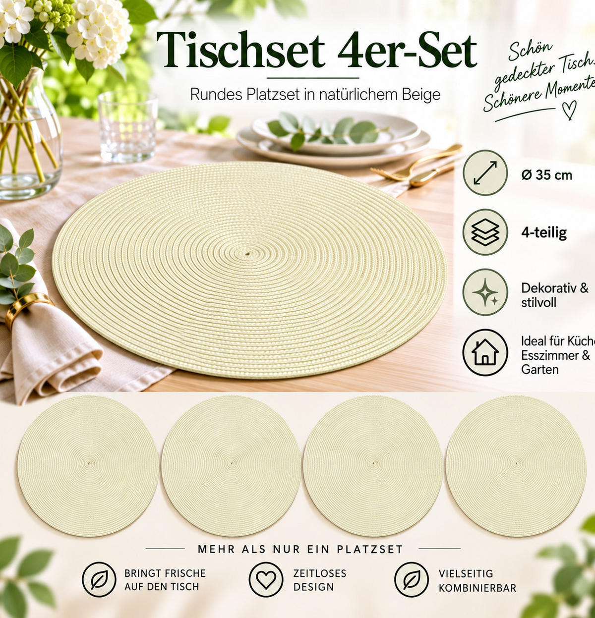 PLATZSET 4er Set Polypro Ecru 35 cm rund - Ecru, Kunststoff (35cm) - TiborTex
