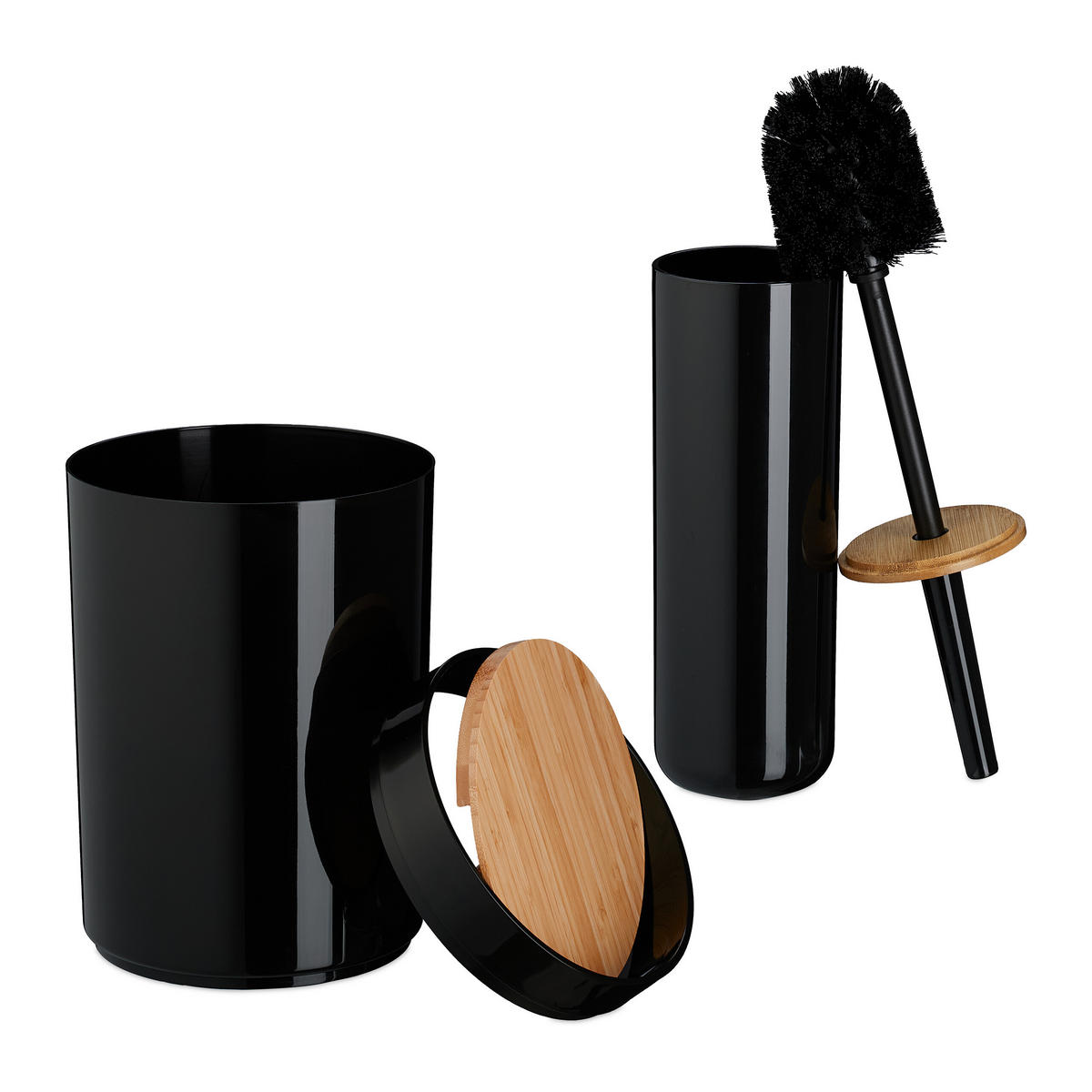 BADEZIMMER-SET 7-tlg. - Schwarz, Holz/Kunststoff (18/27/18cm) - Relaxdays