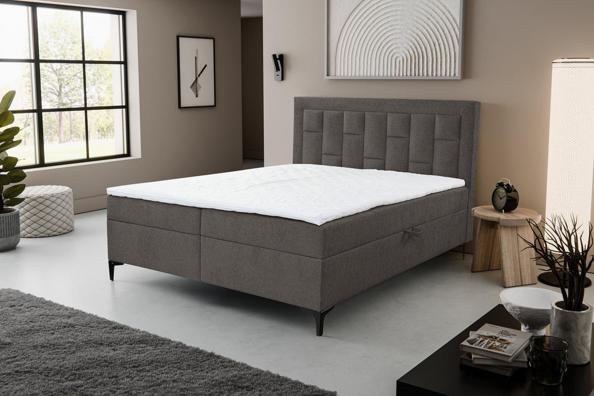 BOXBETT VENEZIA mit 2 Bettkästen, Maße: 180x200 cm, Farbe: Dunkelgrau , Velourstoff, mit Bonell-Matratze inkl. Topper - Dunkelgrau, Holz/Kunststoff (180/200cm) - VENASI MÖBEL