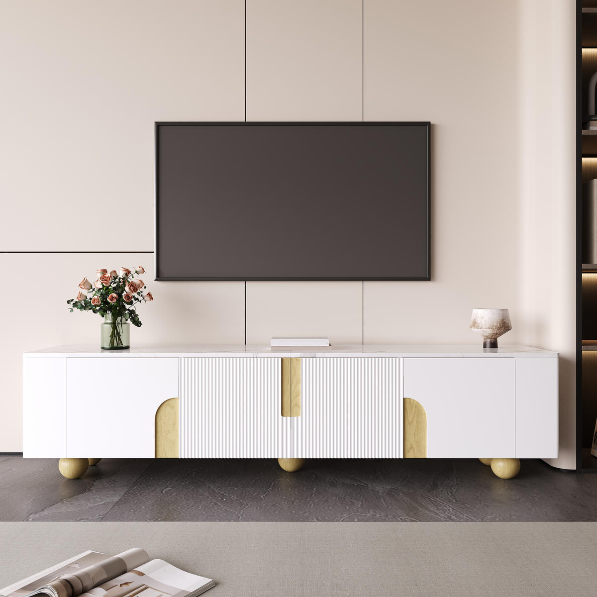 TV-ELEMENT180X40X44CM Weiß-Holzfarbe Marmoroptik-Oberfläche 4-Türen - Weiß, Holz (43.99/35.18/50.8cm) - Raelunyi