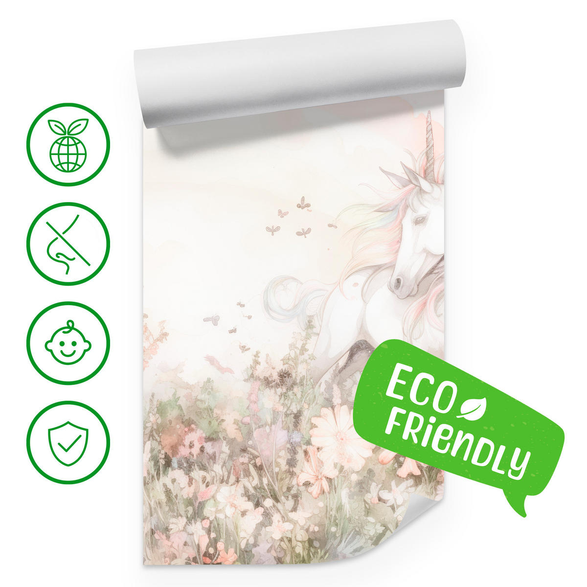 FOTOTAPETE für Kinder Einhorn Blumen Aquarell 350x256 - Gelb/Beige, Papier (350/256cm) - Muralo