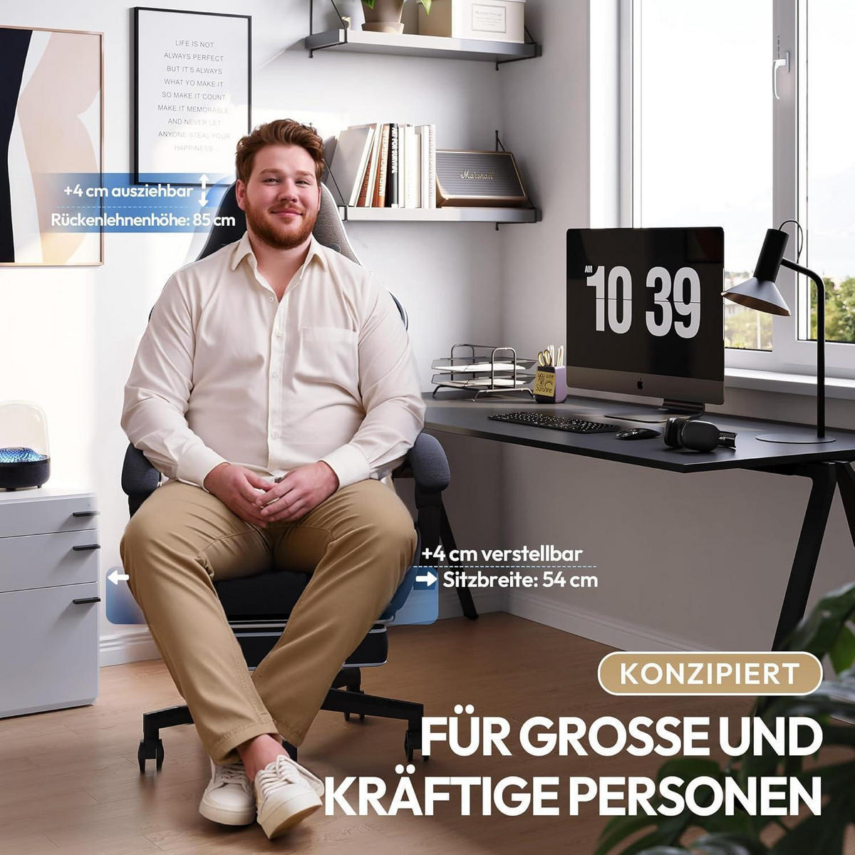GAMING Stuhl Schwarz Übergröße mit Fußstütze - Schwarz, Textil (63/26.5/84cm)