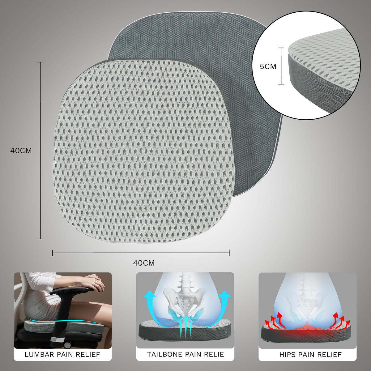 BÜROSTUHL-SITZKISSEN Druckpunktkissen 40cm - Grau, Textil (40/40/5cm) - Vercart