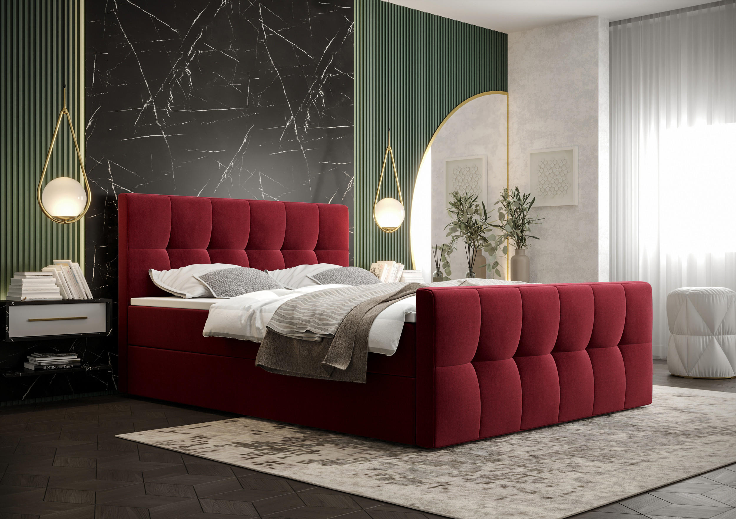 BOXBETT MANHATTAN mit Matratze H3, Bonell und Topper 140x200 Monolith 59 - Rot, Holz/Textil (140/200cm) - Bedante