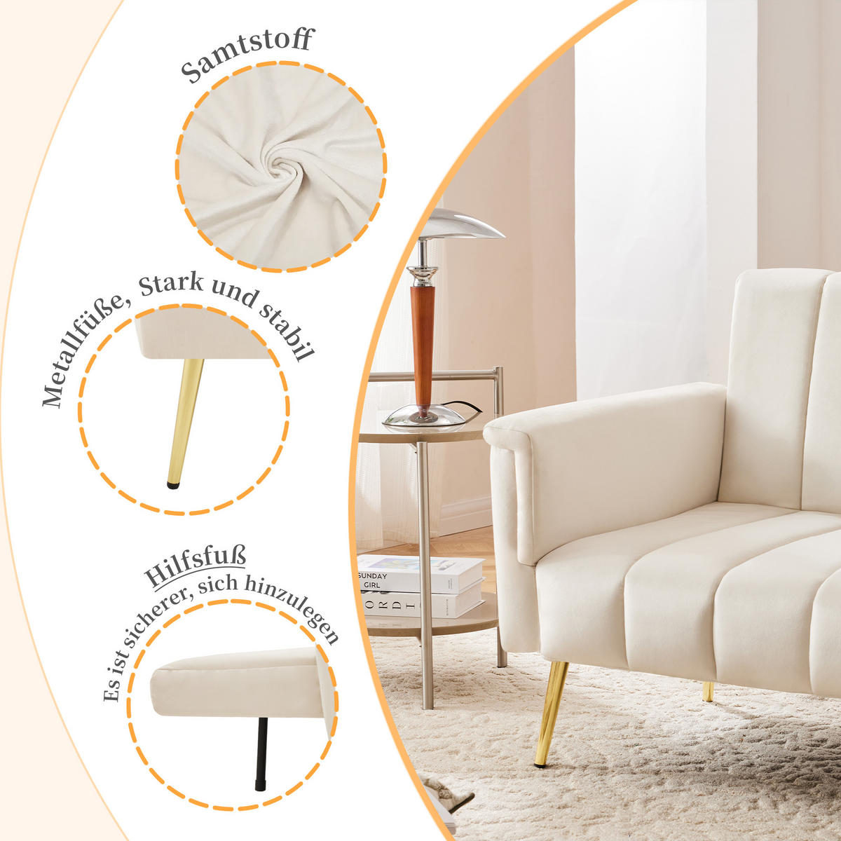 SOFA Schlaffunktion Klappbar Beige Samtstoff Hilfsfüße Modern Gästezimmer - Beige, Holz (83.82/24.77/43.69cm) - FLIEKS