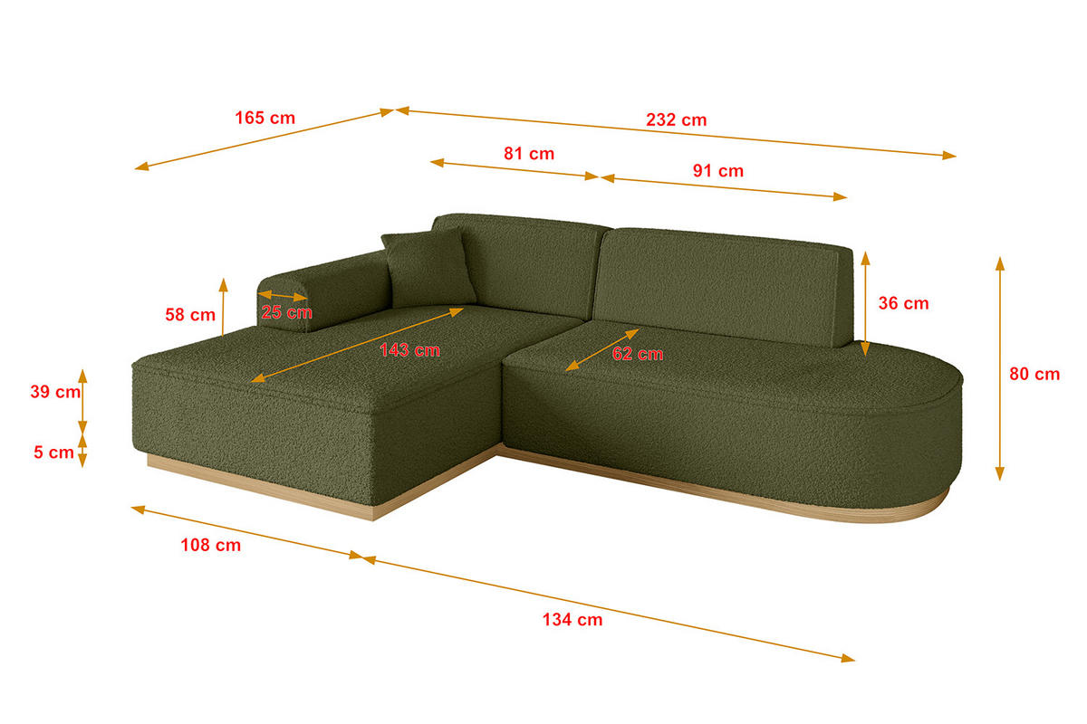 ECKSOFA Ottomane Links IREA-L1-v2 - 232x165x80 cm Grün - Platinfarben, Holzwerkstoff/Textil (232/165cm) - ALTDECOR