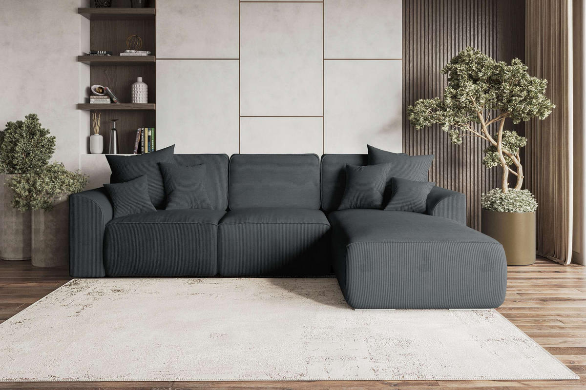 ECKSOFA GUSTO Cordstoff Graphitfarben Rechts inkl. Schlaffunktion - Chromfarben/Graphitfarben, Kunststoff/Textil (295/194cm) - 99rooms