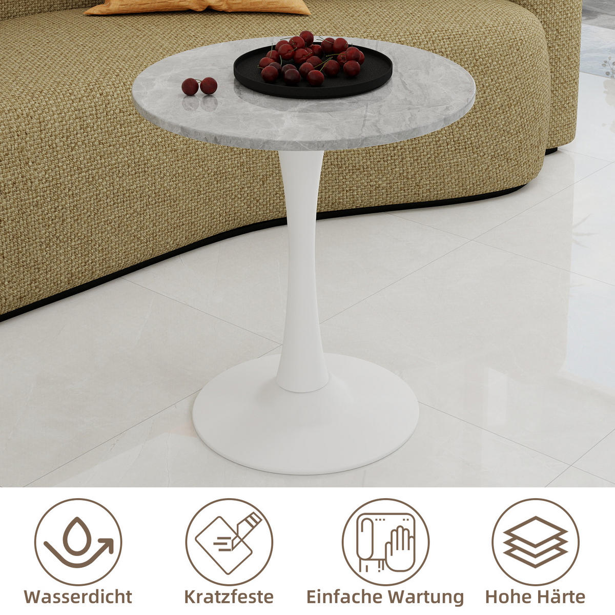 COUCHTISCH in Weiß und Grau Wohnzimmertisch mit einer runden Marmor-Tischplatte für Wohnzimmer, B70/T70/H72 cm - Goldfarben/Weiß, Stein/Metall (70/70/72cm) - STILVORA