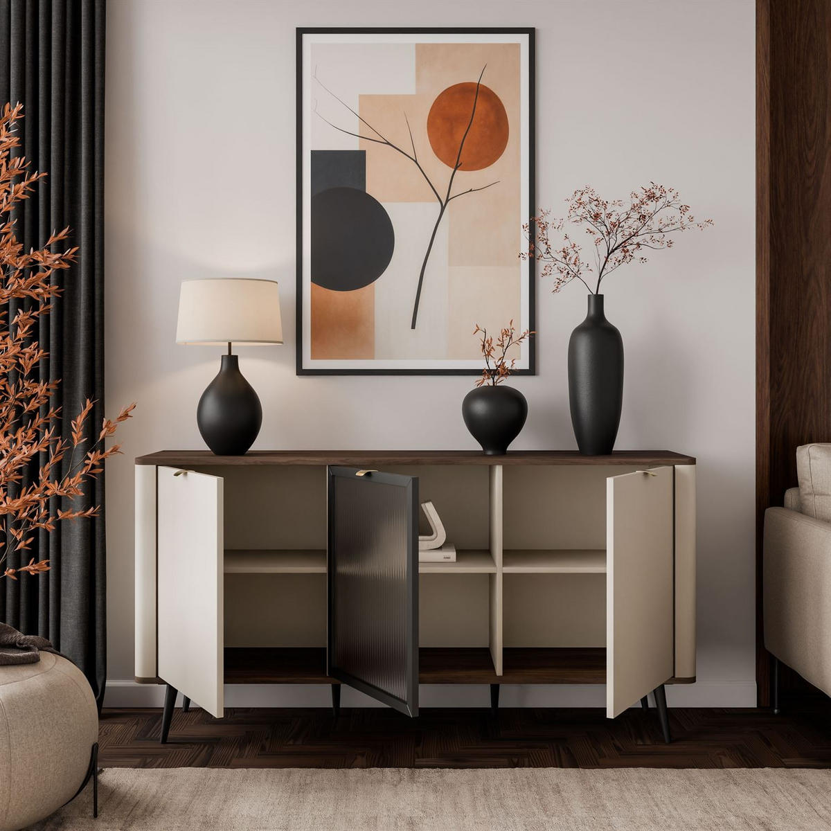 KOMMODE auf Füßen AUTUMN 2D1W mit Glasfront, Kaschmir / Nussbaum - Beige, Holzwerkstoff (160/82/40cm) - Lookway