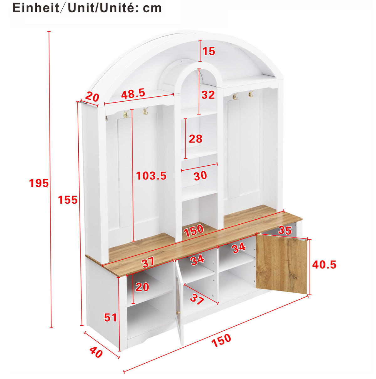 GARDEROBENSCHRANK mit Schuhregal und Haken 150 x 40 x 195 cm MDF Weiß - Weiß, Holzwerkstoff (40/195/150cm) - Beauniv