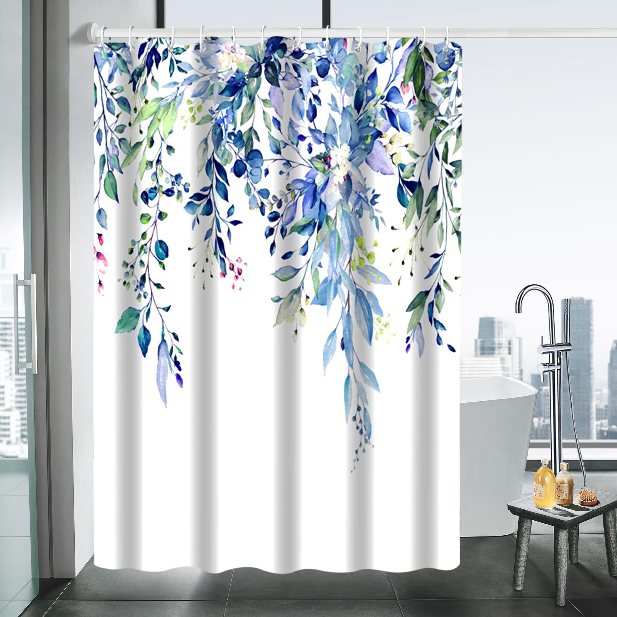 DUSCHVORHANG Blumen schimmelresistent mit Haken beschwerter Saum - Blau, Textil (180/180cm) - MCBOSON