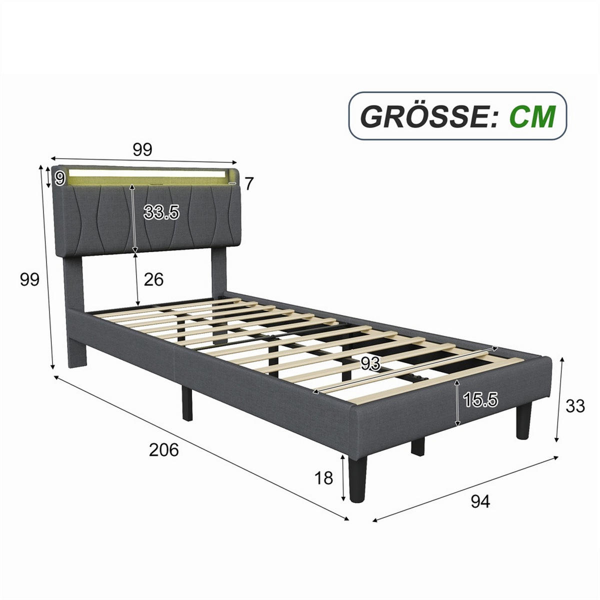 POLSTERBETT 90x200 cm mit LED-Beleuchtung - Kopfteil mit Ladefunktion - Gepolstertes Kopfteil - Grau - Grau, Textil (90/200cm) - DELFA