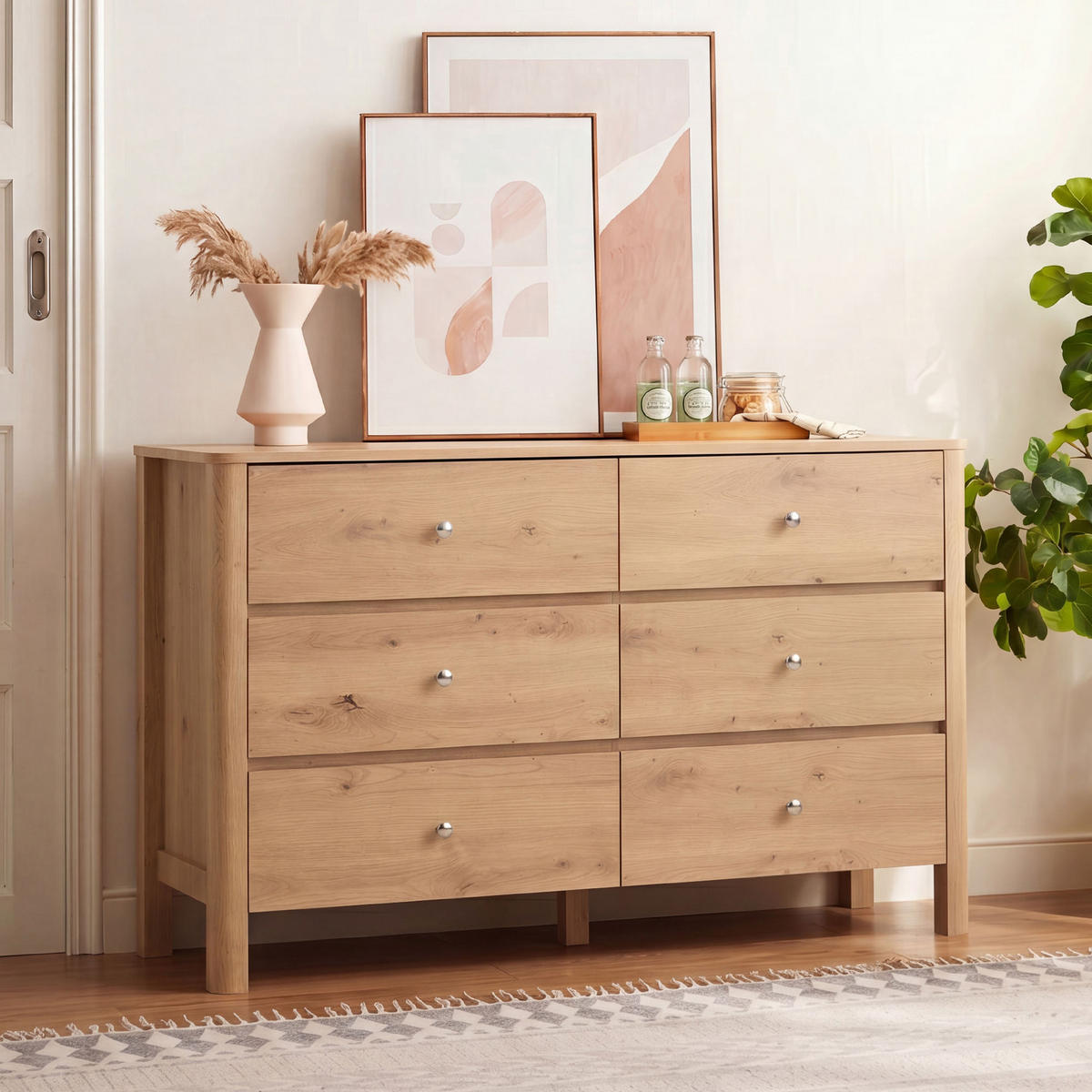 KOMMODE DE-38200 120/40/80 cm mit 6 Schubladen Eiche/Silber - Eichefarben, Holzwerkstoff (120/80/40cm) - ComfortXL