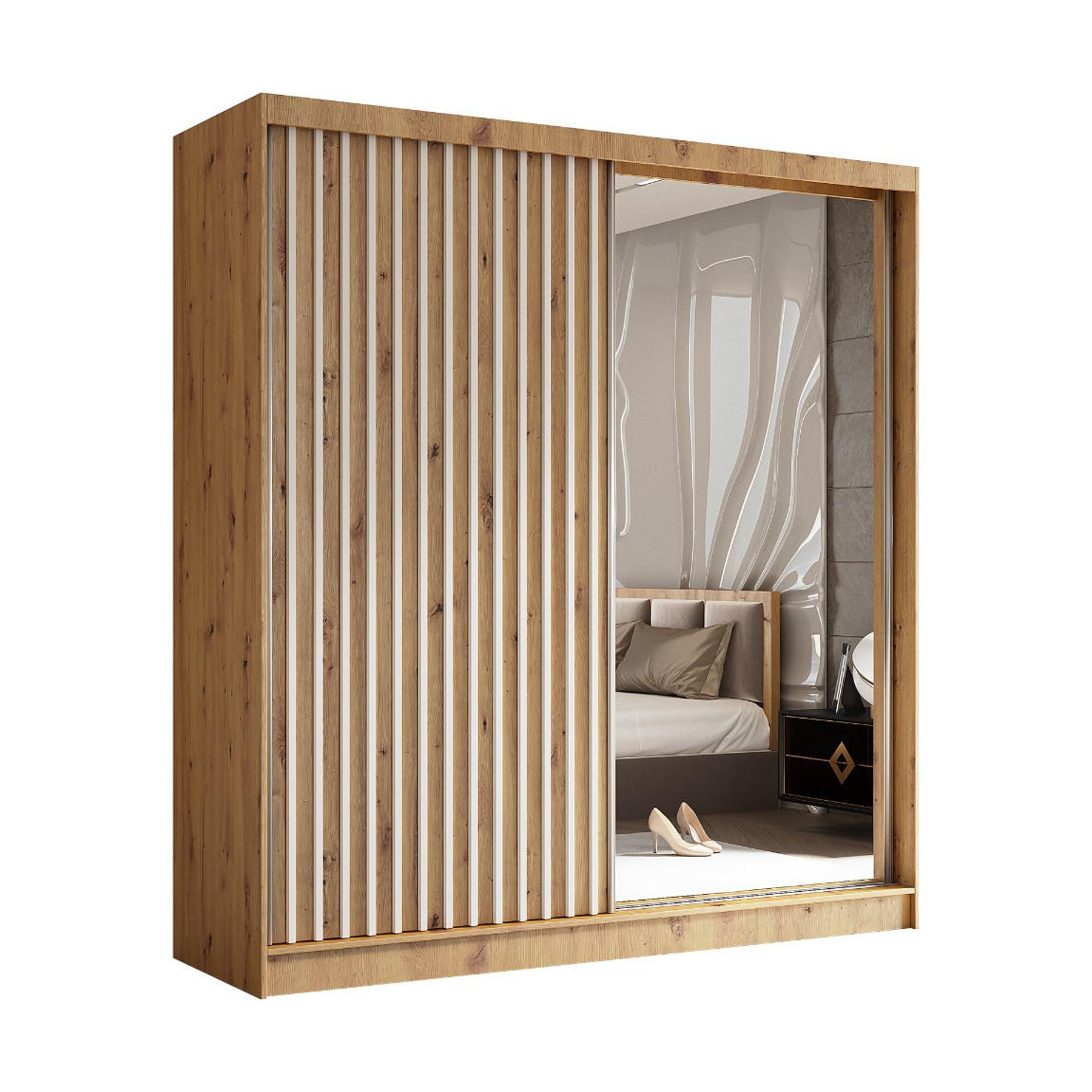 SCHWEBETÜRENSCHRANK Erika 200 cm mit Lamellen und Spiegel 2-türig, Artisan, Artisan, Lamelle weiß - Eiche Artisan/Braun, Kunststoff (200/216/51cm) - Margaret Hadas24