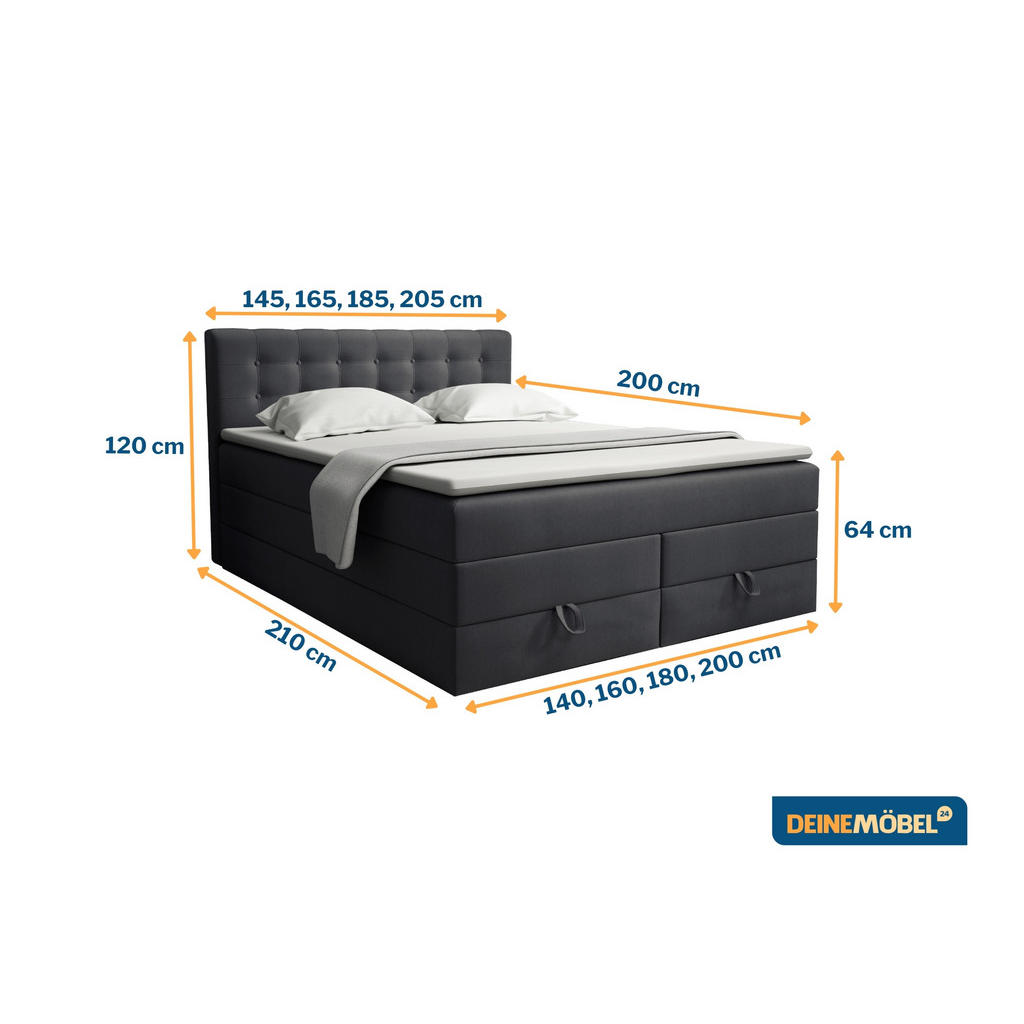 Thumbnail - Deine Möbel 24 Boxspringbett, Dunkelgrau, Holz, Holzwerkstoff, Textil, H3 + H4, 180x200 cm, Schlafzimmer, Betten, Boxspr...