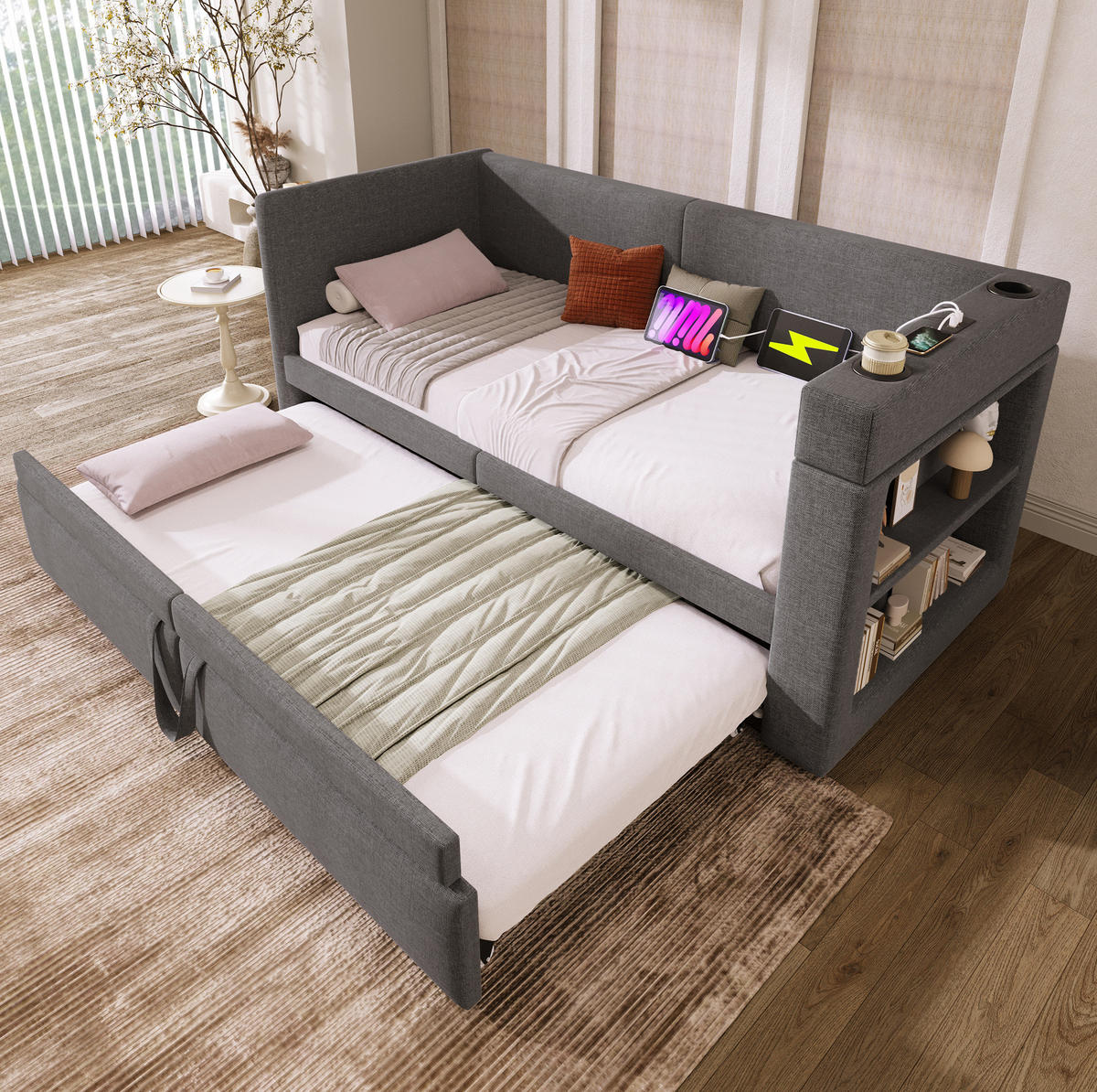 BETT 90/200 cm mit Ausziehbett und USB/Type-C in Grau - Grau, Textil (90/200cm) - BEAOK