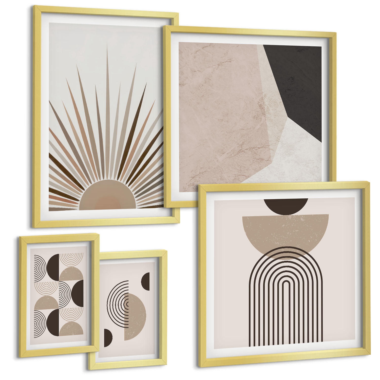 BILDER SET 5er Set - 50x50 cm & 20x30 cm & 40x60 cm Goldrahmen - Abstrakte beige und braune Formen - Goldfarben, Kunststoff (40/60cm) - TULUP