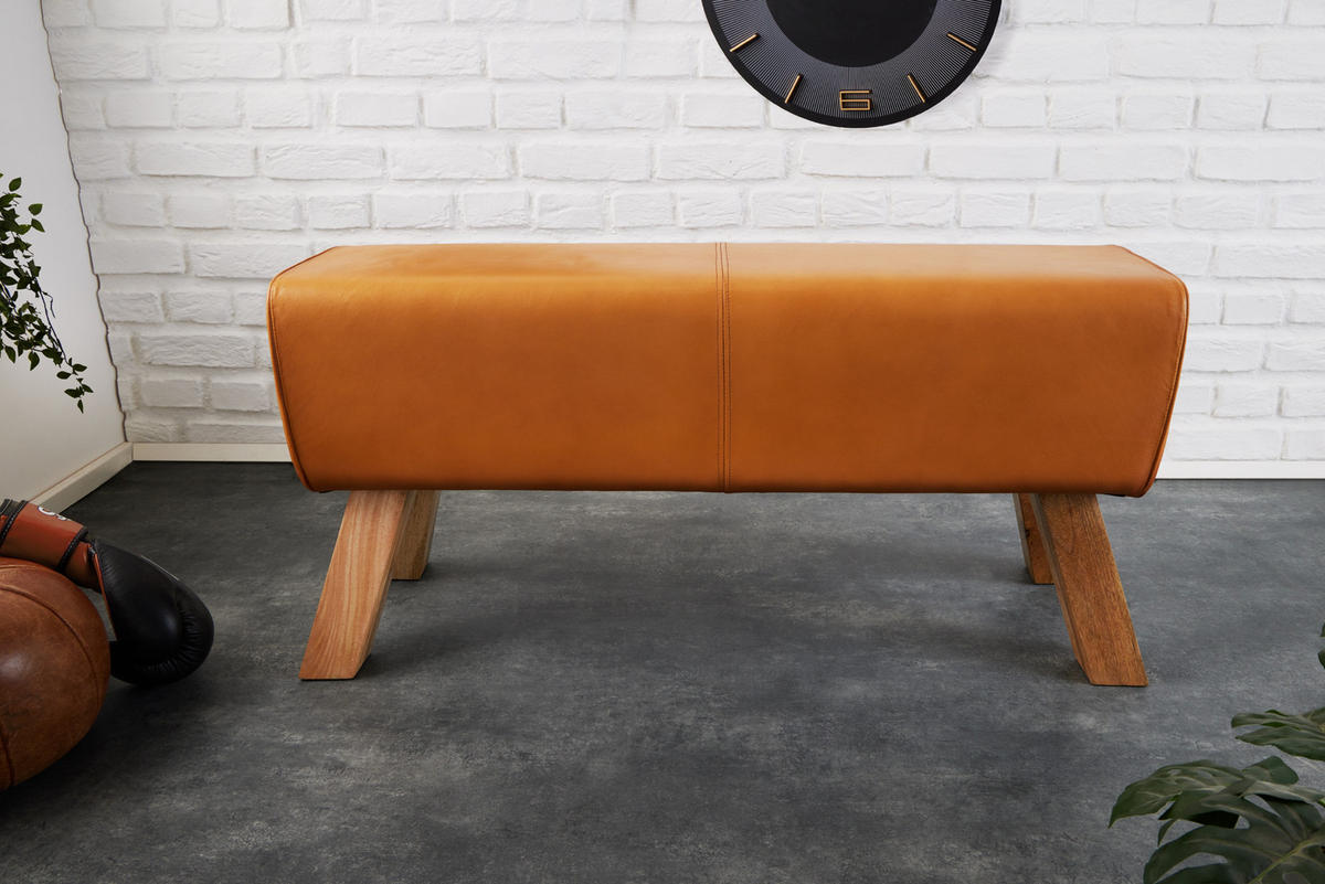SITZBANK TURNBOCK Mango Echtleder Cognac 100 cm - Braun, Mangoholz/Leder (100/50/35cm) - riess-ambiente