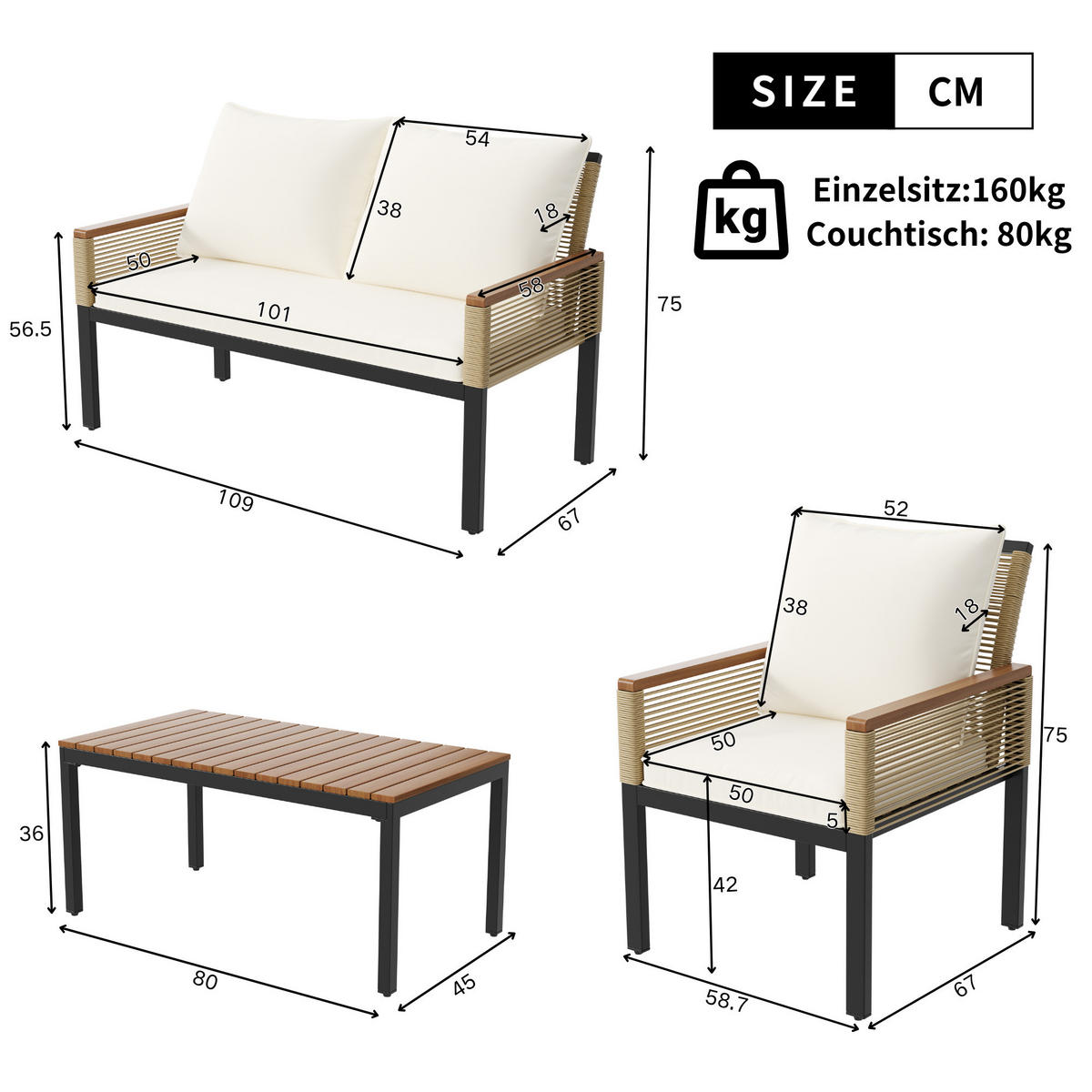 LOUNGESET Beige Rattan Doppelsofa 2 Sessel Tisch - Beige, Metall - FLIEKS