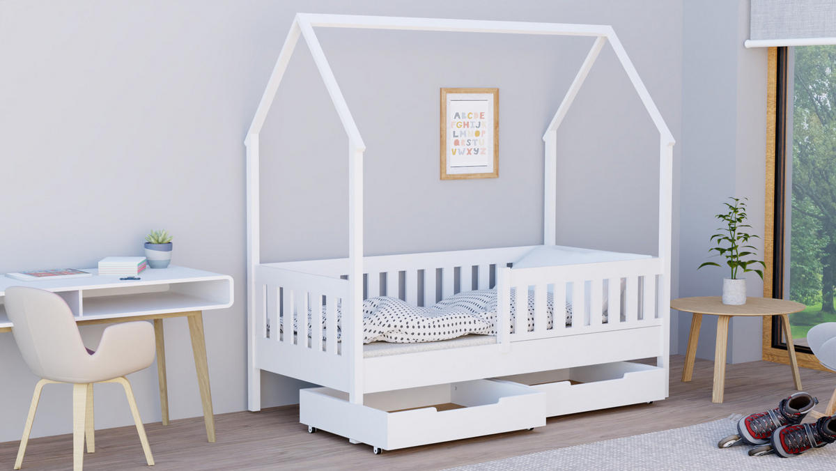 HAUSBETT 140x70 weiß mit Schubladen - Weiß, Holzwerkstoff (70/140cm)