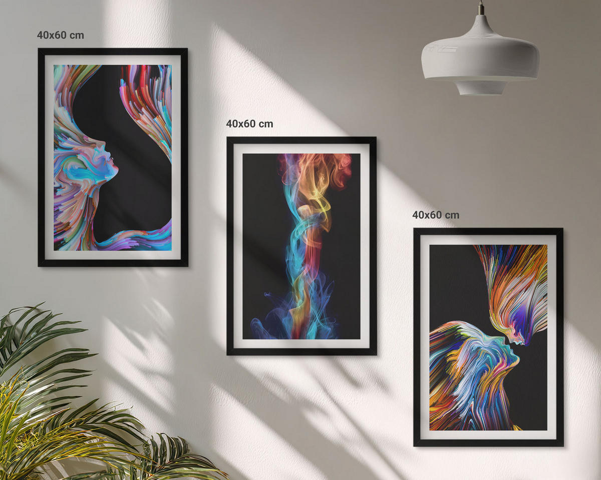 BILDER SET 3er Set - 40x60 cm Schwarzer Rahmen - Bunte abstrakte Gesichter - Schwarz, Kunststoff (40/60cm) - TULUP