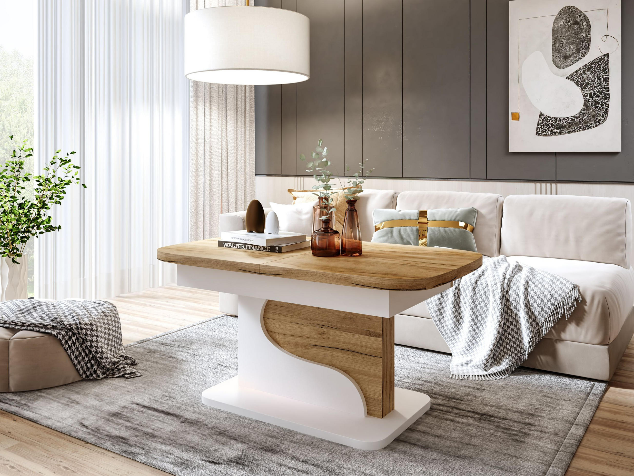 COUCHTISCH rechteckig Eiche Gold - Weiß matt ausziehbar höhenverstellbar - Eichefarben/Weiß, Holzwerkstoff (70/120/58cm) - designimpex