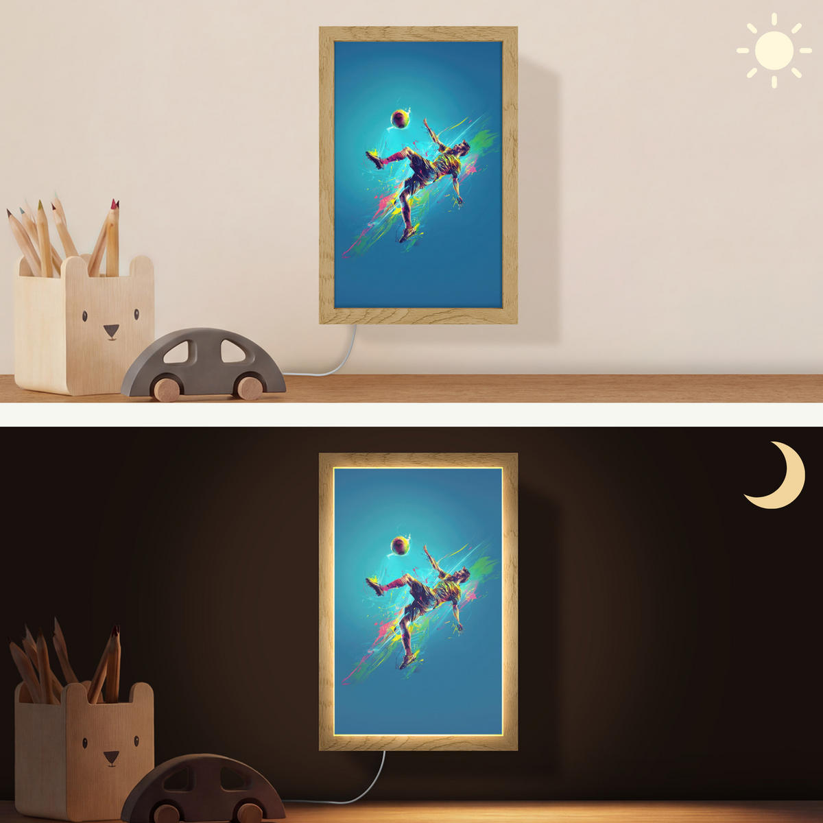 NÁSTĚNNÁ LAMPA Fotbalista - Stříkající barva - Barevné - Míč 20x30 cm - modrá, kompozitní dřevo (20/30/8cm) - OnlyWow