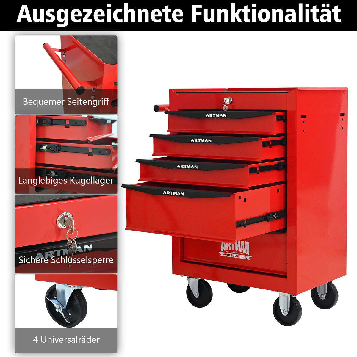 KOMBINATIONSKOFFER – 5 Schubladen, 508 mm (20 Zoll), mit 5 Schubladen; Farbgebung in Rot und Schwarz. - Multicolor, Metall (33/77.5/60cm) - DCA