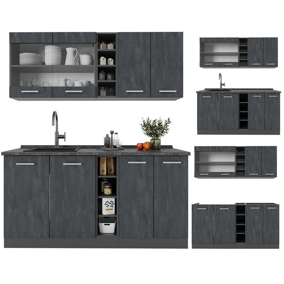 SINGLEKÜCHE R-Line Schwarz Beton/Anthrazit 160 cm AP Eiche - Anthrazit/Schwarz, Holzwerkstoff (160/81.6/60cm) - Vicco