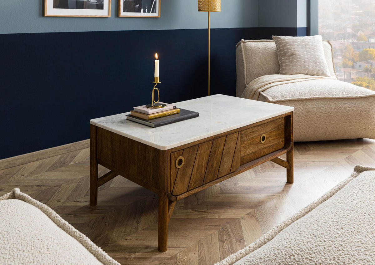 COUCHTISCH Mango 100x60x45 braun geölt / echter Marmor LOS ANGELES #05 - Braun/Weiß, Holz (100/60/45cm) - Massivmoebel24