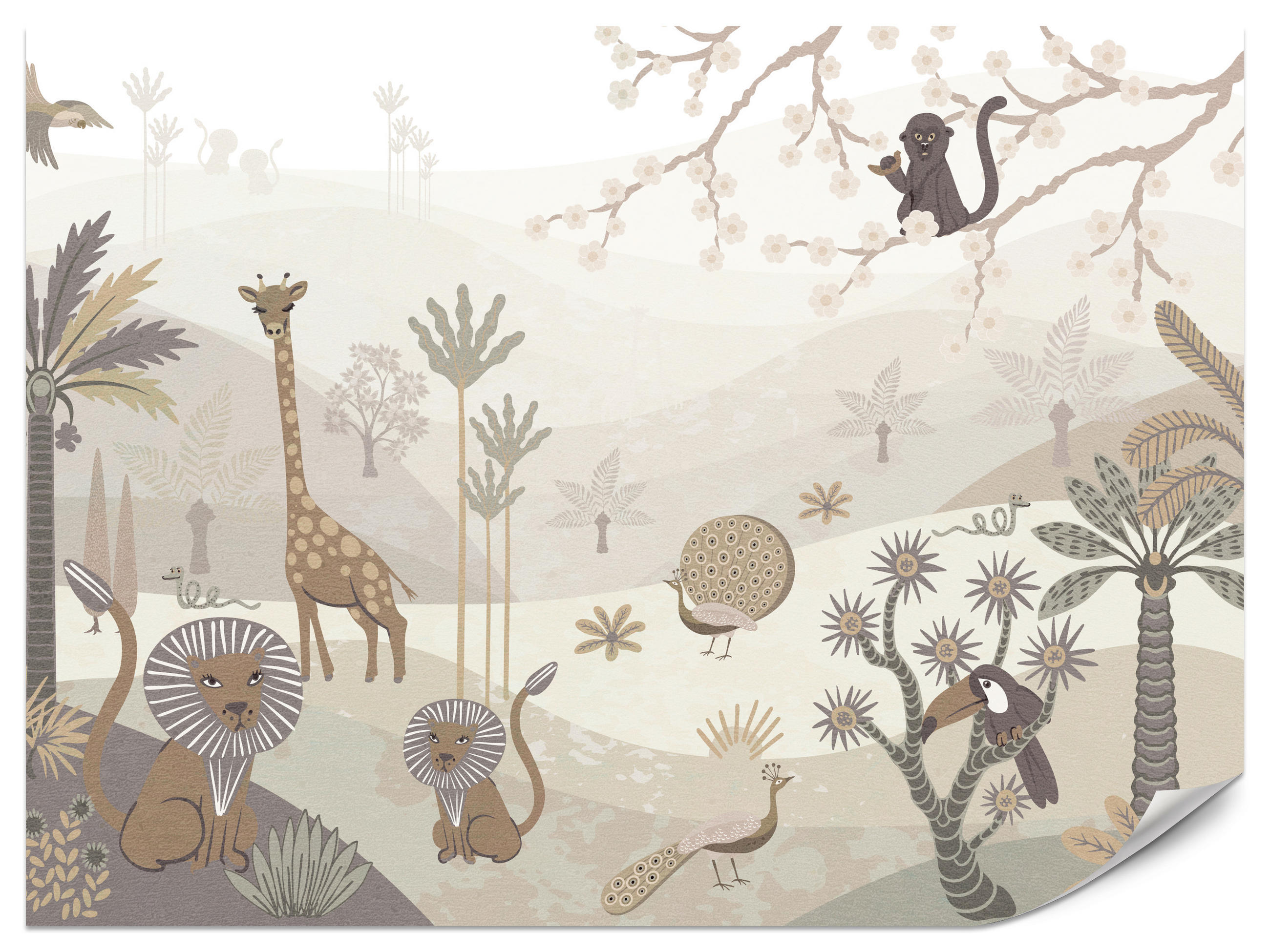 FOTOTAPETE für Kinderzimmer Safari Wilde Tiere Dschungel Boho Palmen Giraffe 500x350 - Beige/Creme, Papier (500/350cm) - Muralo