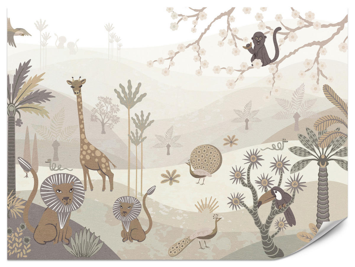 FOTOTAPETE für Kinderzimmer Safari Wilde Tiere Dschungel Boho Palmen Giraffe 500x350 - Beige/Creme, Papier (500/350cm) - Muralo
