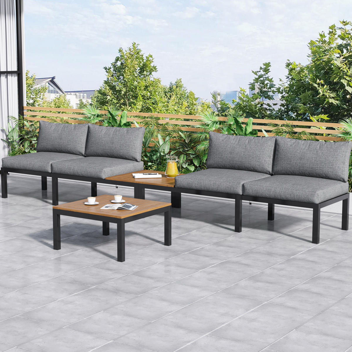 LOUNGEGARNITUR 120/60/66 cm grau aus Eisen mit Akazie 5-teilig - Grau, Metall - OKWISH