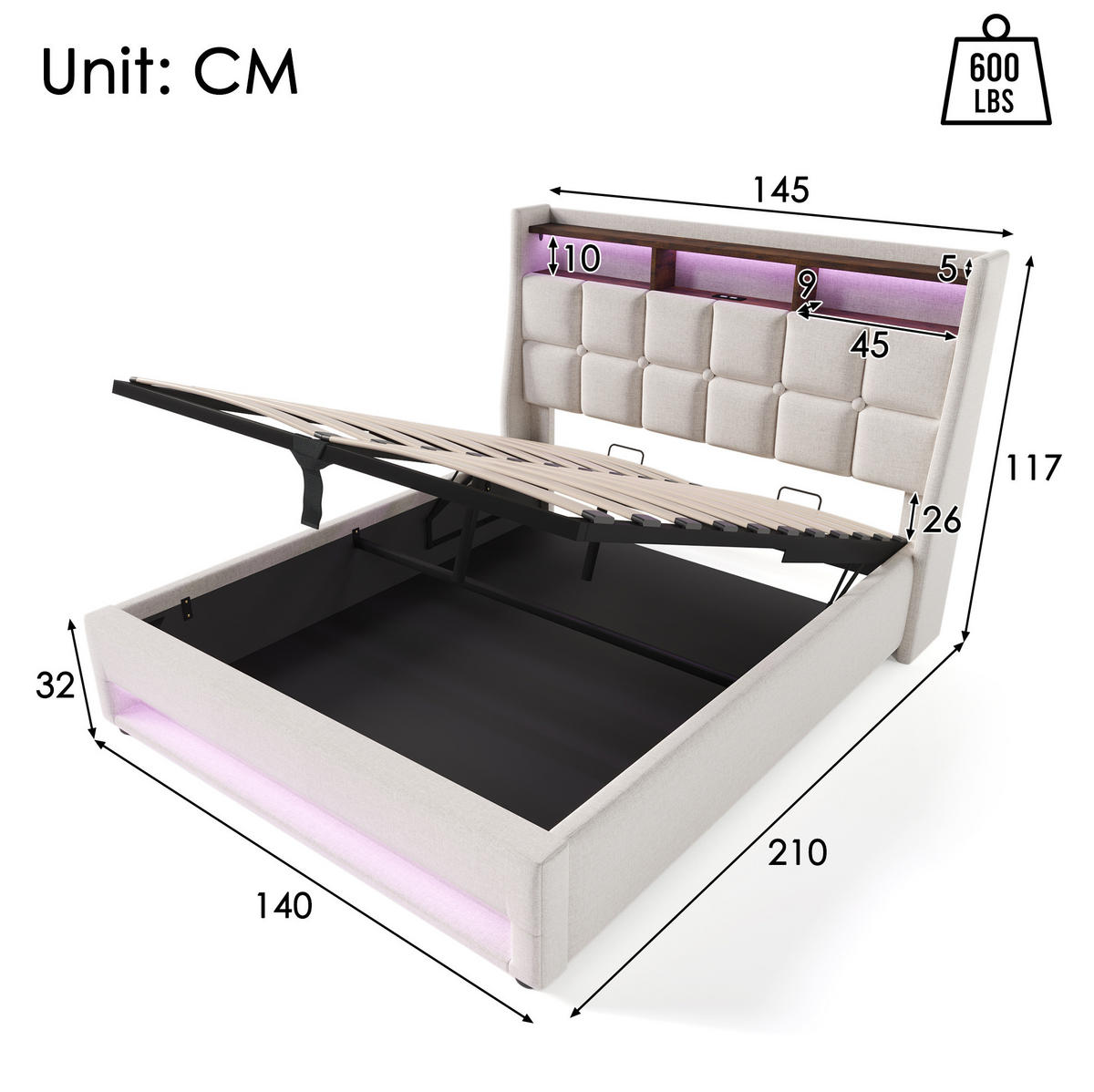 POLSTERBETT mit USB, LED und Bettkasten 140x200 cm Beige inklusive Matratze - Beige, Metall (140/200cm) - Meubliv