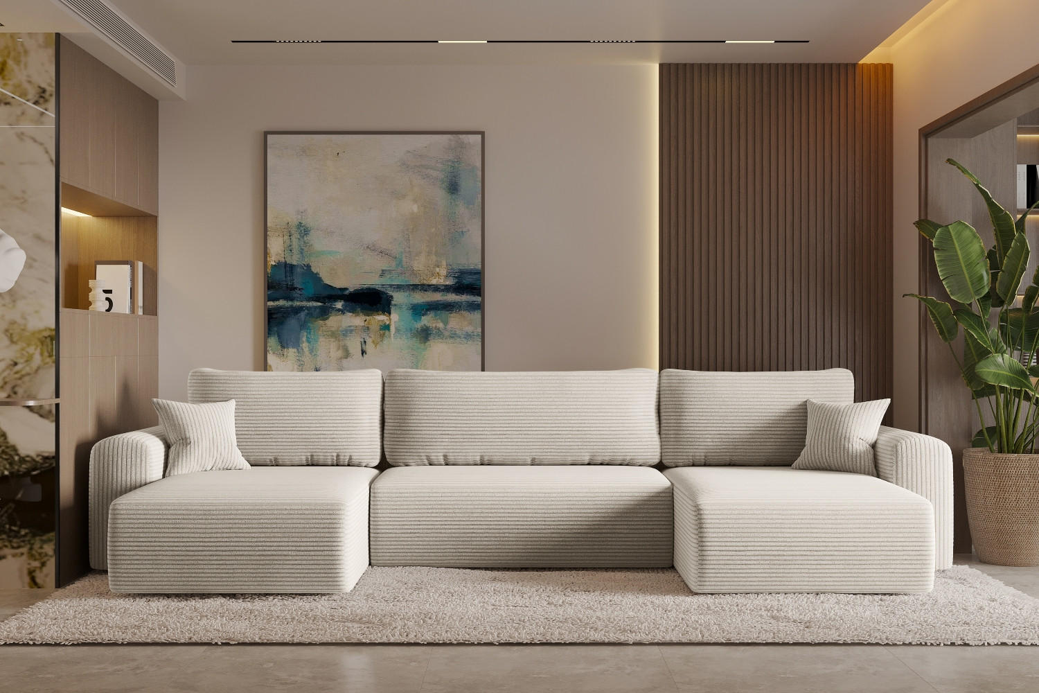 ECKSOFA Mit Schlaffunktion Und Bettkasten U-form CAPRI Poso Ecru - Ecru, Holz/Textil (145/362cm) - Kaiser Möbel