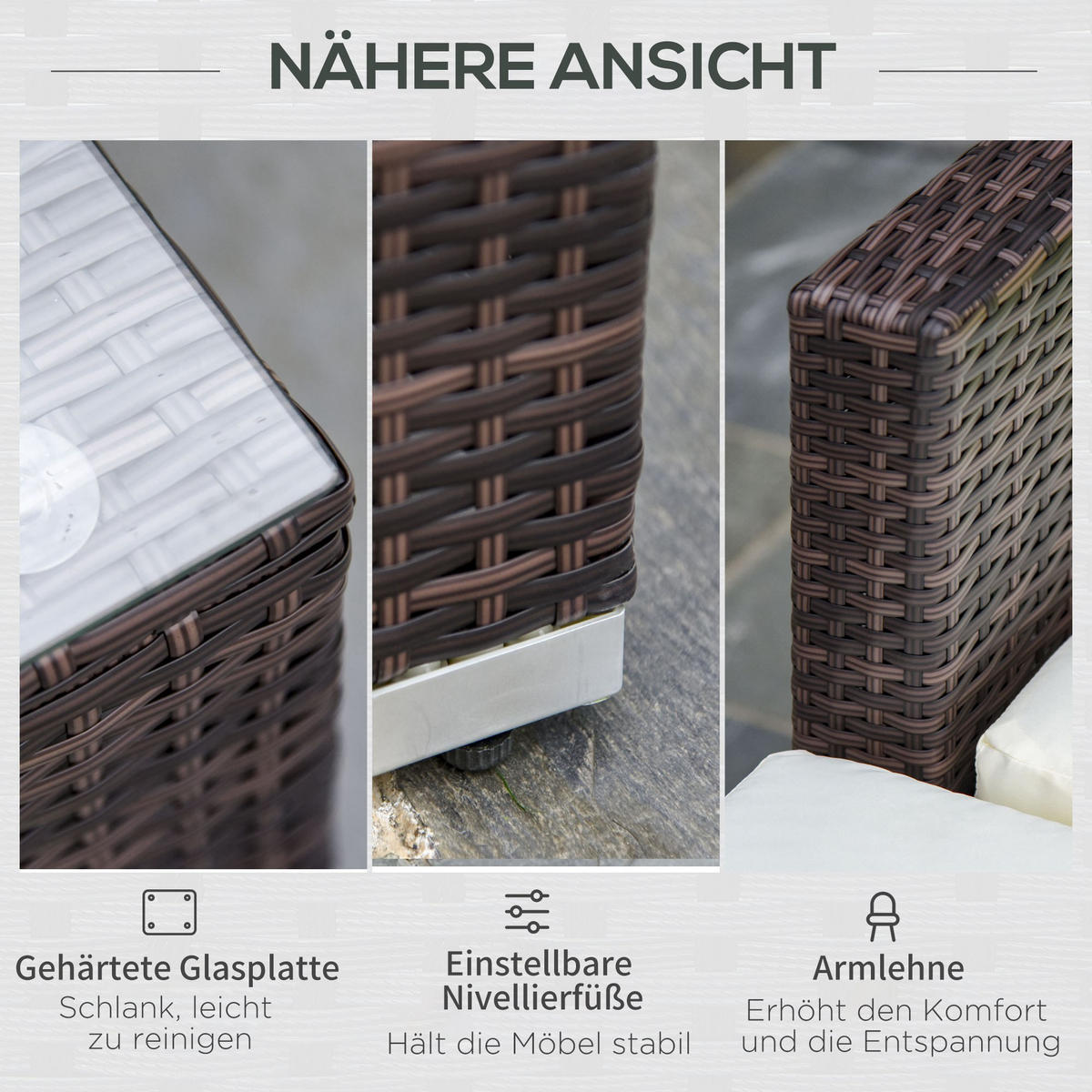 GARTENMÖBEL-SET mit Beistelltisch Kissen Braun - Braun, Kunststoff - Outsunny