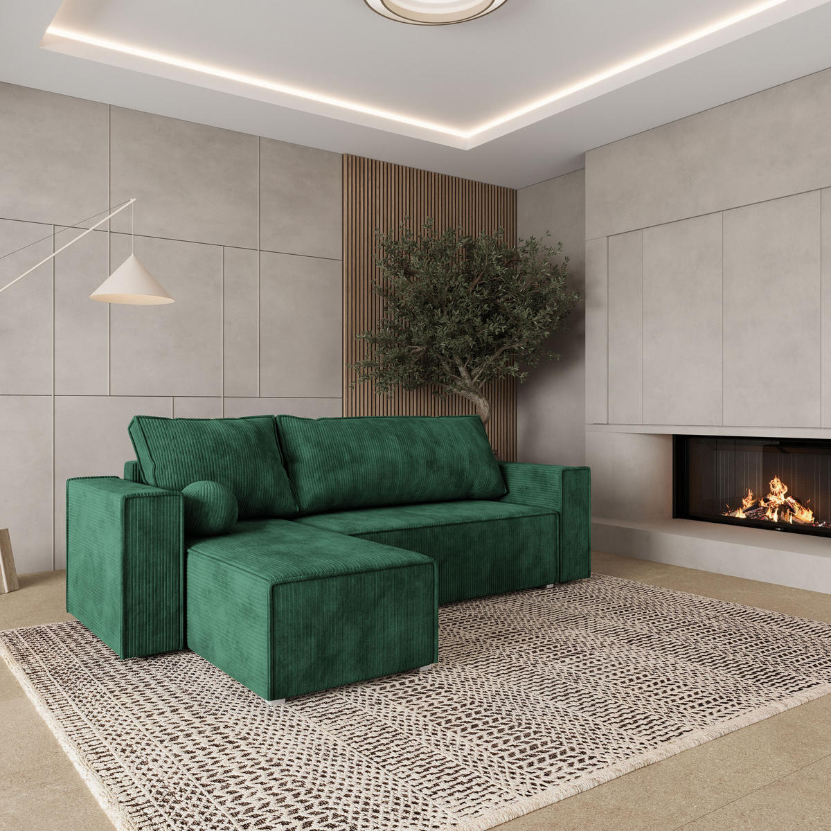 ROHOVÁ SEDAČKA RAVELO tmavě zelená - šedá/tmavě zelená, dřevo/textil (240/140cm) - MASSENO