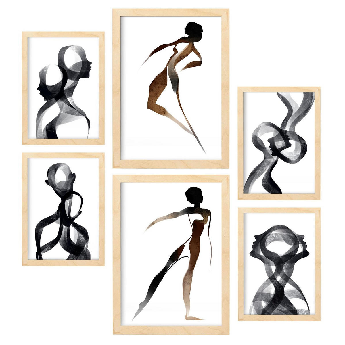 POSTER Set Mit 6 Body Virtue 2 in abstrakten Liebhabern Größe A3 & A4 Rahmen aus hellem Holz - Beige, Papier (29.7/1cm) - Nacnic