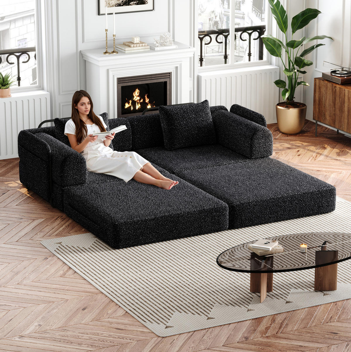 SCHLAFSOFA 2-in-1 mit Armlehnen-Ablagefach Chenille Schwarz - Schwarz, Textil (91.4/69.8/183.8cm) - OKWISH