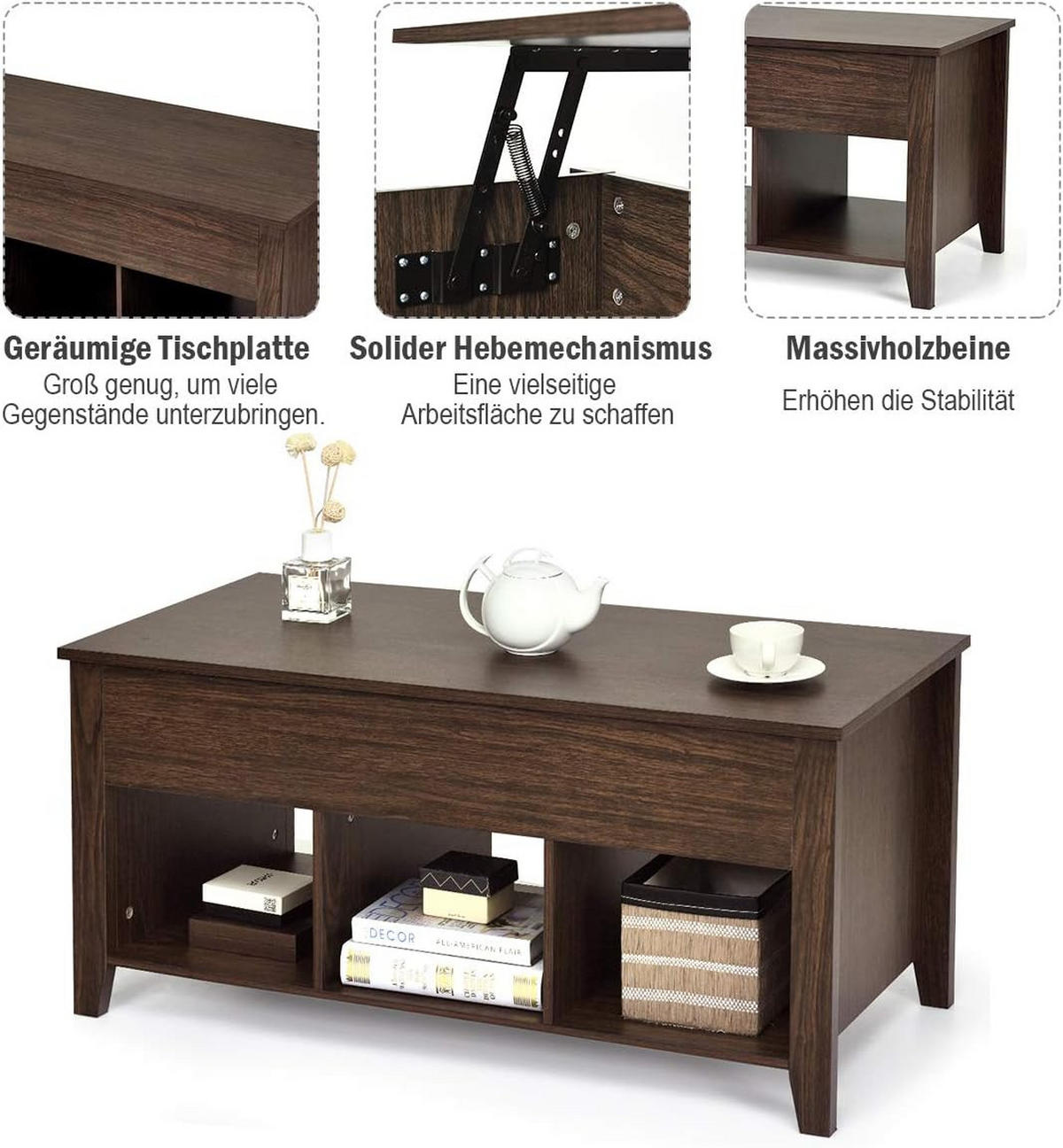 COUCHTISCH höhenverstellbar Braun - Braun, Holz (105/50/61cm) - COSTWAY