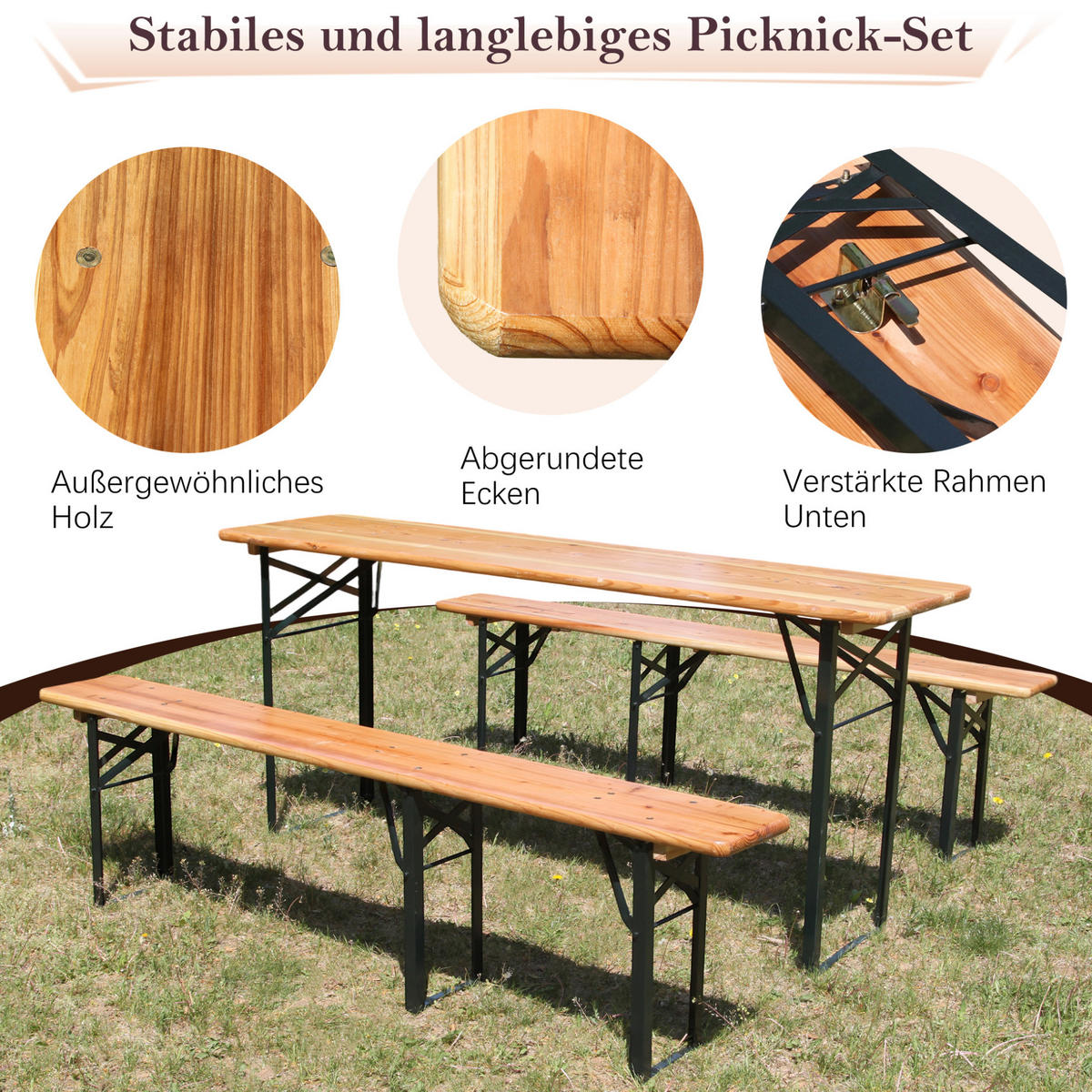 BIERZELTGARNITUR 177/46/78 cm, klappbar, 3-teilig, aus Holz und Metall, Natur - Braun, Metall - Redom