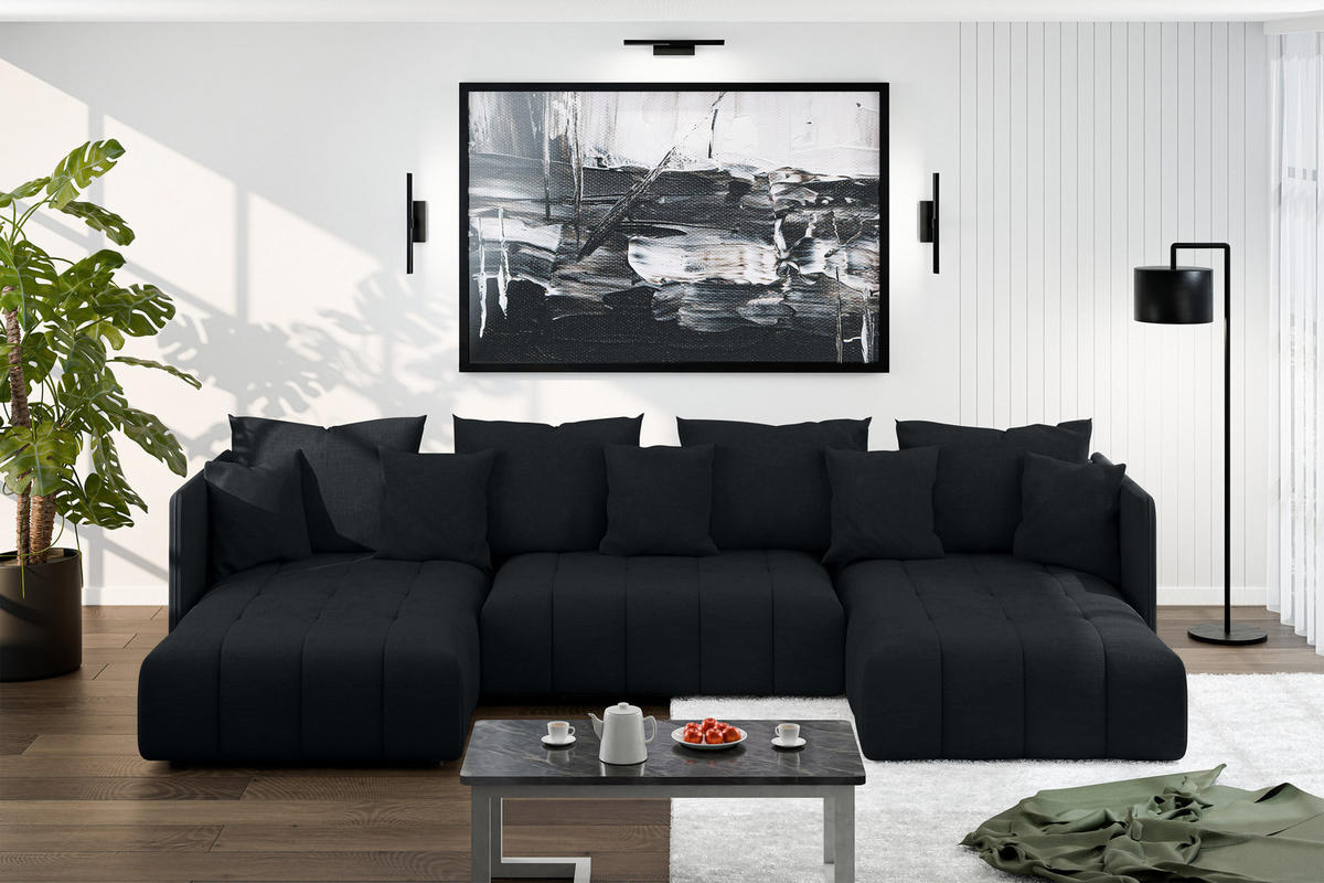WOHNLANDSCHAFT Veliro U Schwarz 353/180/83 cm mit Schlaffunktion und Bettkasten - Schwarz, Kunststoff/Textil (353/83/180cm) - AX Living
