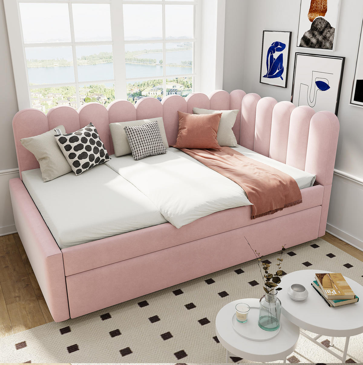 BETT 140/200 cm in Rosa mit Ausziehbett und blütenförmiger Rückenlehne - Rosa, Leder (140/200cm) - BEAOK