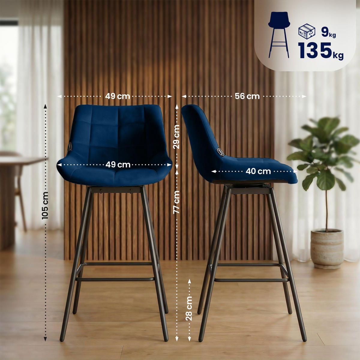 BARHOCKER Samt Blau - Blau/Schwarz, Textil/Metall (49/105/56cm) - CLP