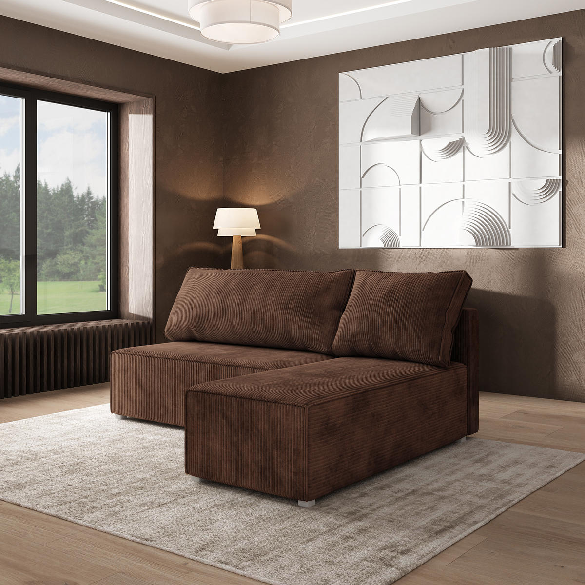 ROHOVÁ SEDAČKA BRISO hnědá - šedá/hnědá, dřevo/textil (200/140cm) - MASSENO