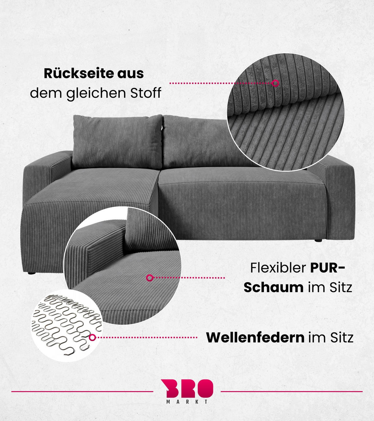 ECKSOFA PLUSH mit Schlaffunktion Dunkelgrau Cord - Dunkelgrau, Textil (240/145cm) - Bromarkt