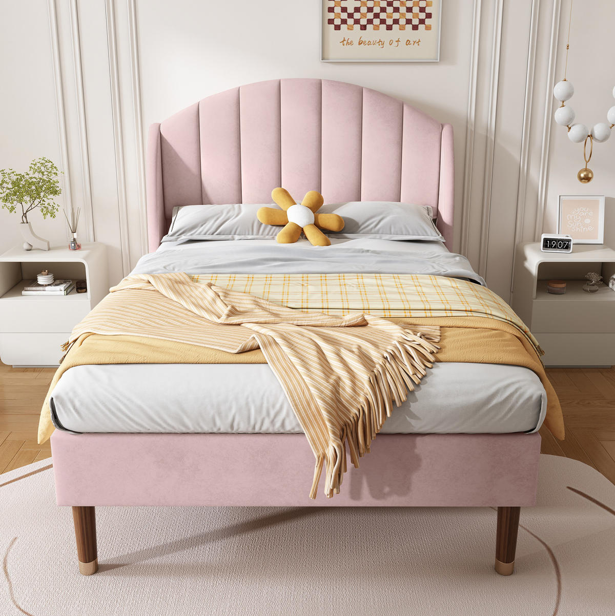 BETT mit Lattenrost und Kopfteil 90x200 cm Samt Pink - Pink, Metall (90/200cm) - Meubliv