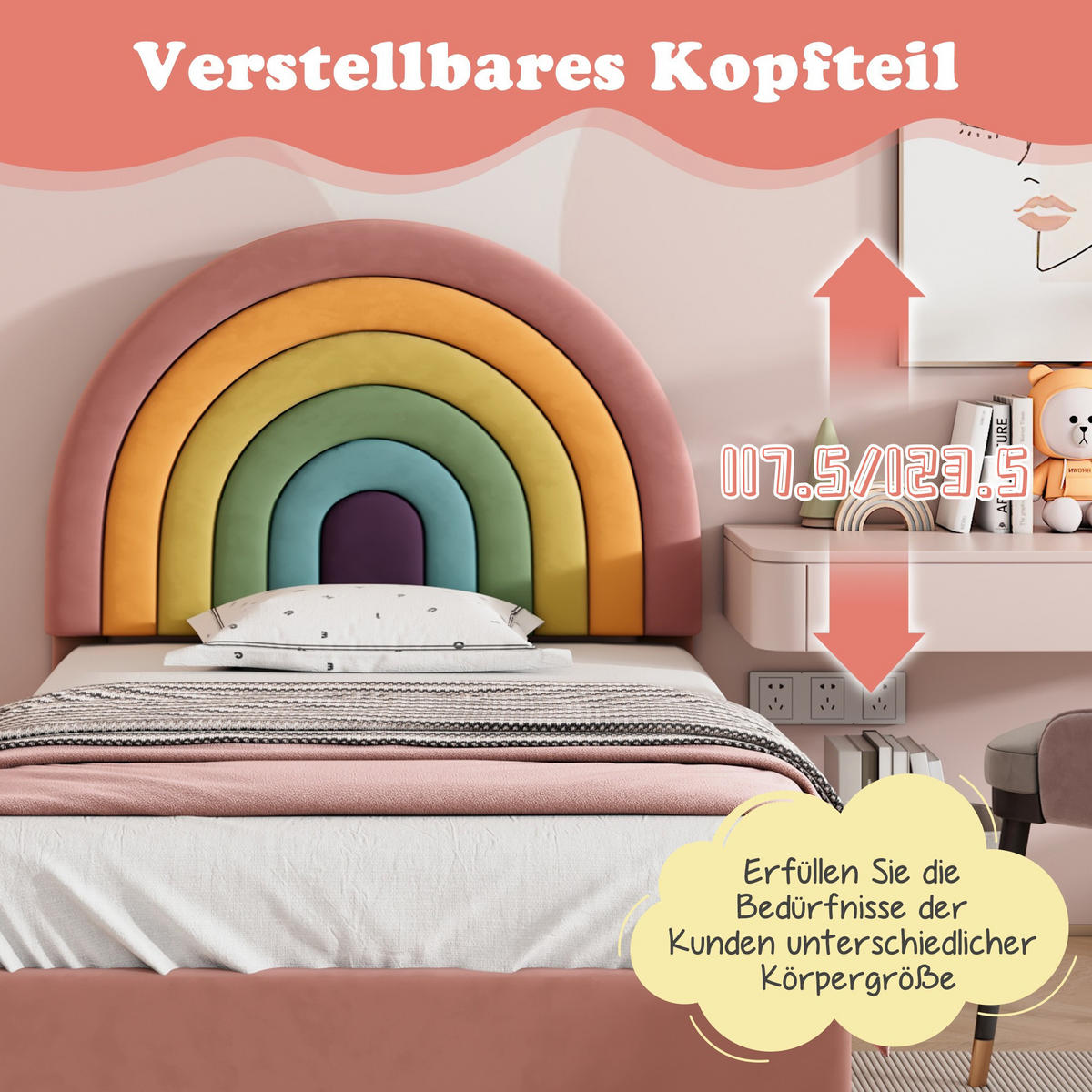 POLSTERBETT 90/200 cm Rosa Samt mit höhenverstellbarem Kopfteil und Lattenrost - Rosa, Textil (90/200cm) - OKWISH