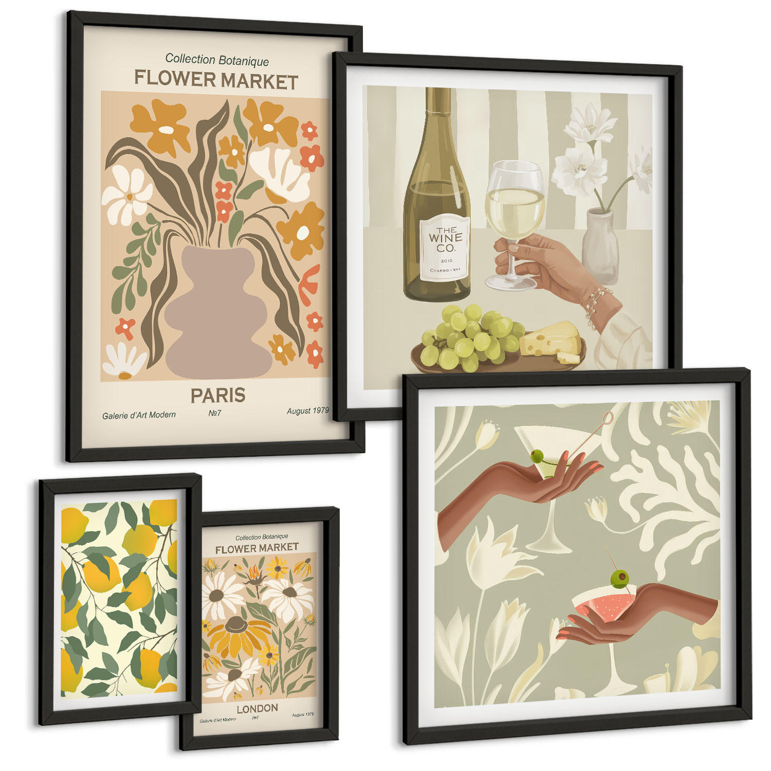 BILDER SET 5er Set - 50x50 cm & 20x30 cm & 40x60 cm Schwarzer Rahmen - Blumenposter Paris Mailand - Schwarz, Kunststoff (40/60cm) - TULUP